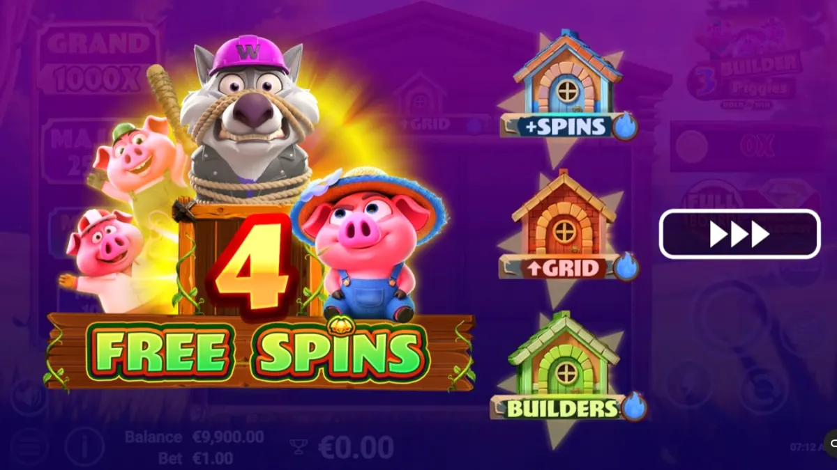3 Builder Piggies slot com porquinhos e elementos de construção