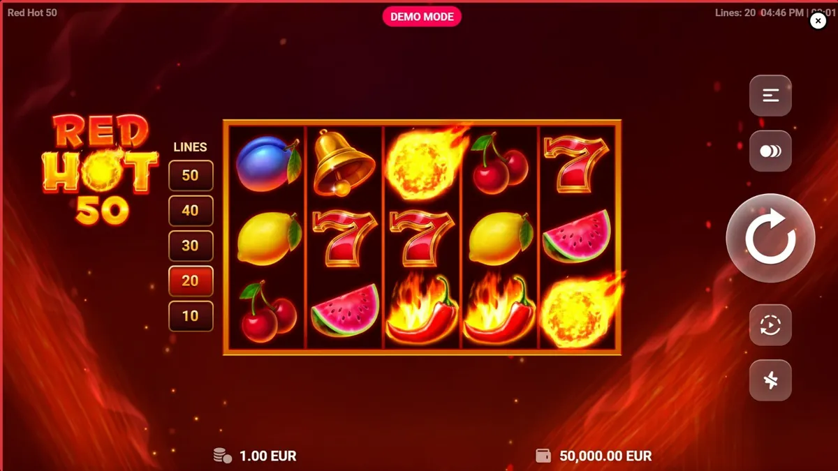 Interface do slot Red Hot 50 com símbolos de frutas em chamas e interface de controle de linhas de pagamento.