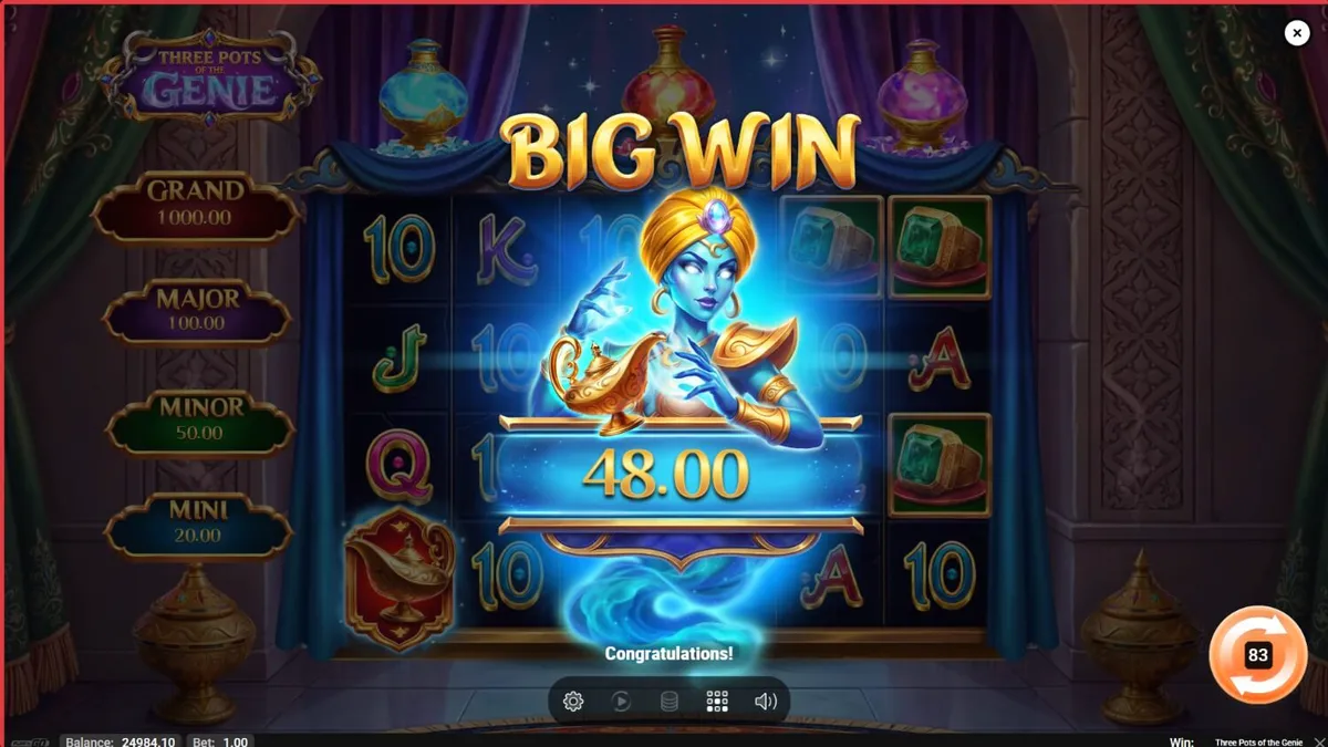 Interface do jogo de slot Three Pots of the Genie com tema árabe e potes mágicos